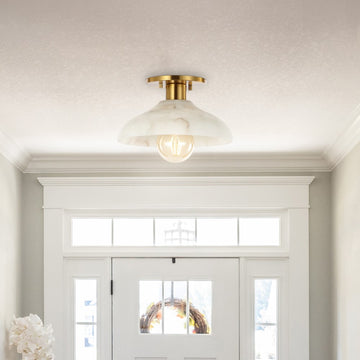 Amara 10" 1-Light Mid-Century Classic Alabaster/Iron LED Semi Flush Mount - JONATHAN Y